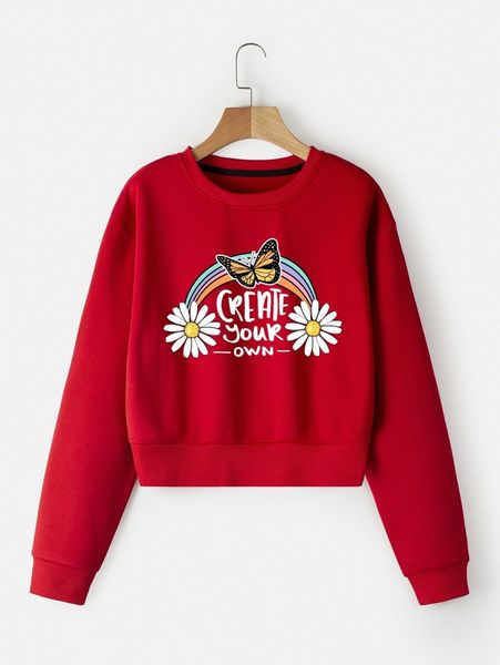 

slogan & butterfly print thermal lined crop pullover k721#, White;black
