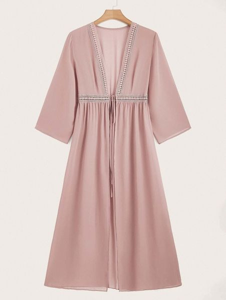 

plus contrast lace tie front kimono c1ui#, Black