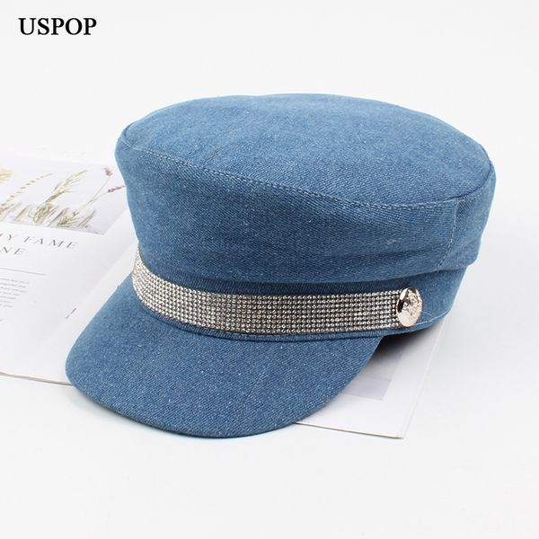 

uspop новые женщины денима шапка женского алмазов восьмиклинок восьмиугольных шляп мод плоской военные шапки осень козырек крышка 201013, Blue;gray