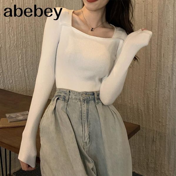 

сибилл осень трикотажные свитера женщины белый с длинным рукавом тонкий перемычка площади воротник vintage пуловер свитер top 2020 зимние, White;black