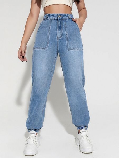 

high waist solid jogger jeans u10h#, Blue