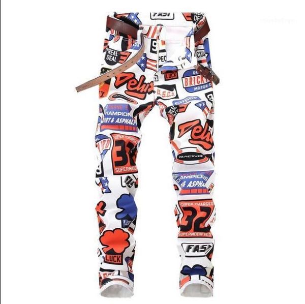 

autumn winter mens 3d printing stretch jeans large size slim fit male middle waist pencil pants stretch jeans without belt j30401, Blue