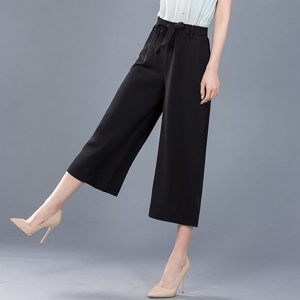 

spring and 2021 summer new size legged pants lace up to straight thin elastic waist capris k44m, Black;white