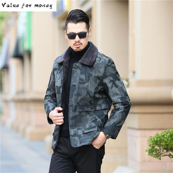 

camouflage new genuine leather coat for men sheepskin leather hooded jacket winter jackets for men ing, Black