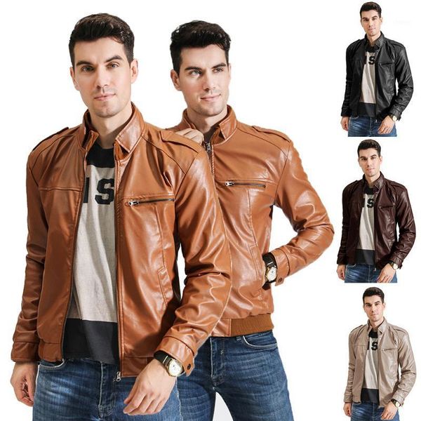 

2020 men's stand collar pu leather jacket zipper slim faux leather jacket men coat motorcycle1, Black