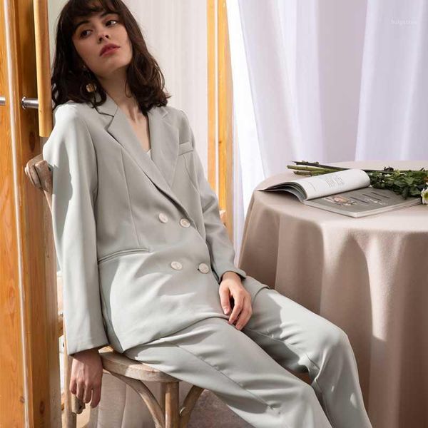 

colorfaith 2020 new spring woman sets two piece outfits matching pants casual double breasted office elastic waist suit ws12721, White