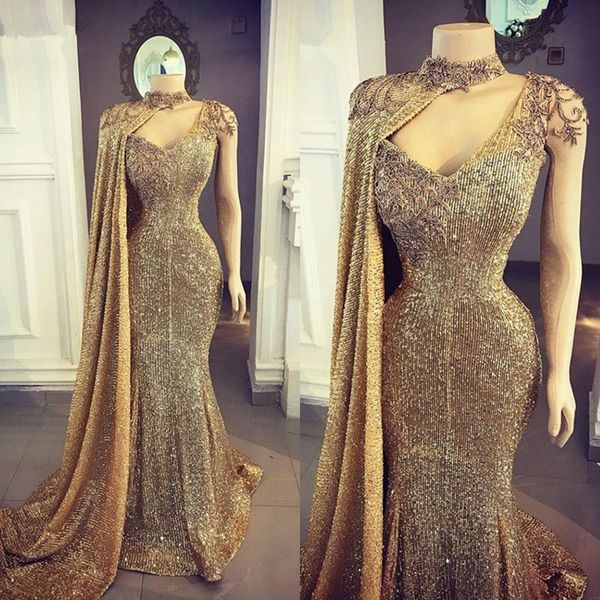 Sparkle Vestidos de Noite de Sereia Longa 2020 Árabe Dubai Ouro Lantejoulas Formal Prom Vestidos com xale Frisado Especial Ocasião Vestido