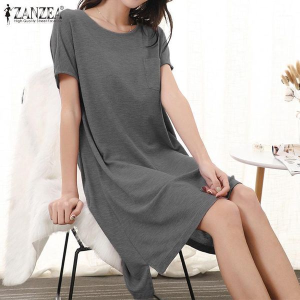 

elegant knee length dress zanzea 2020 women's summer sundress short sleeve nightdress vestidos female solid nightgowns 5xl1, Black;red