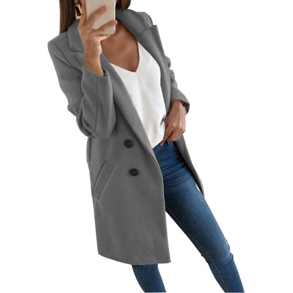 

casual fashion slim outwear office winter formal career lapel neck mid length double breasted long sleeve solid women coat, Black;brown