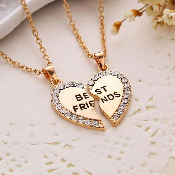 

women girl fashion chain necklace friends bff friendship heart rhinestone pendants charm necklace jewelry gift, Silver
