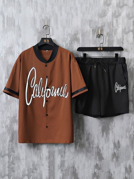 

men letter graphic contrast tape shirt & shorts q78y#, Gray