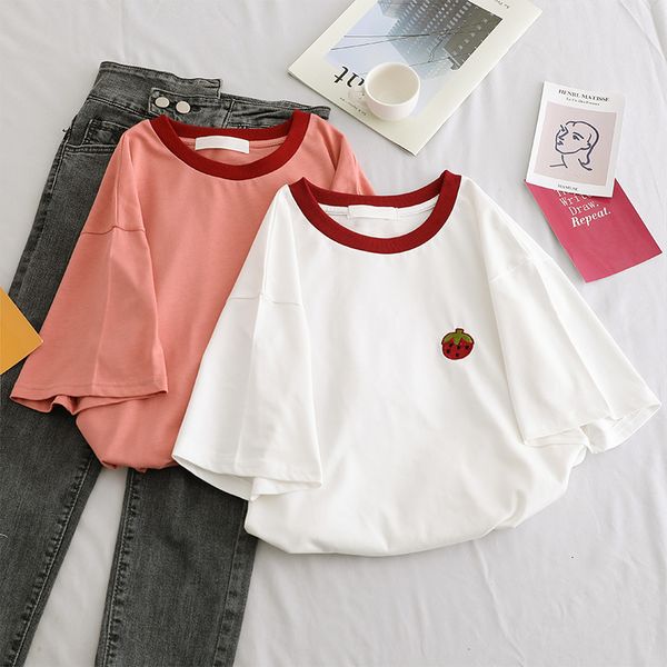

2021 new strawberry embroidered woman's shirt summer korean tshirts neck aesthetic cotton t for ladies'comfortable ladies' 30, White