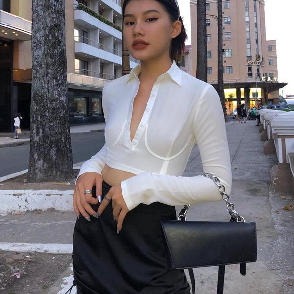 

women fashion autumn white crop notched long sleeve t-shirt slim fit tee streetwear short tshirt female clothes