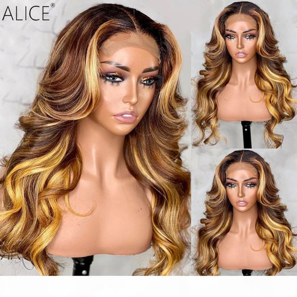 

alice highlight wave t-part lace front human hair wigs scalp closure wigs with baby hair 150% density non-remy, Black;brown