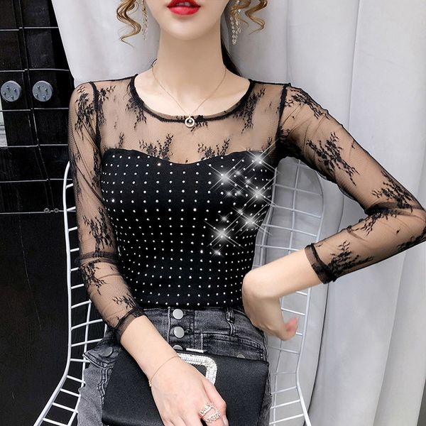 

bottom and bottomlace bottomswomen's lace mesh stitchingslim fitautumn 2020 new round neck heavy industry drill long sleeve top, White