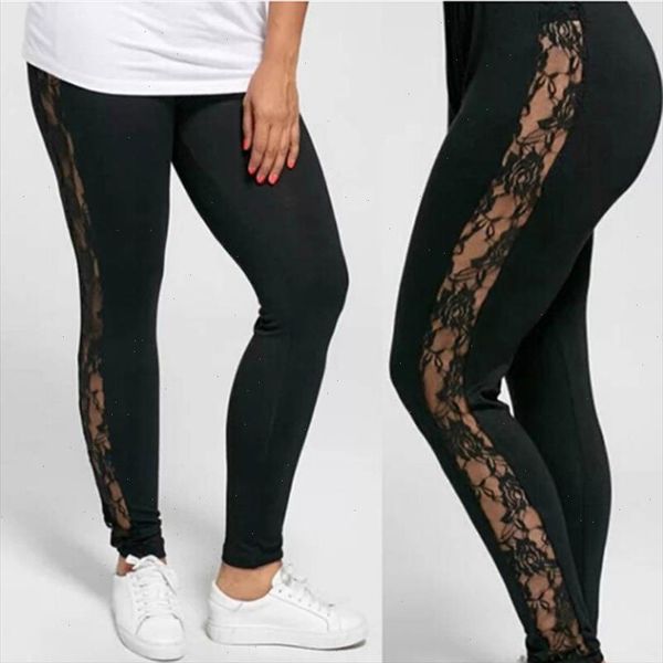 

2021 ladies floral lace patchwork side panel cut out black empire leggings womens black causal leggings plus size