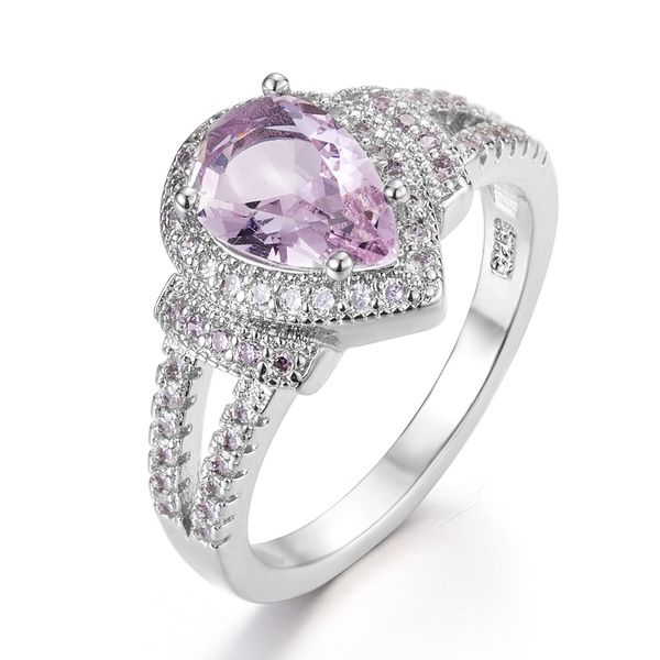 

solid sterling silver creative inlaid pink crystal pear-shaped drop ring full of diamond princess engagement ring white gold jewelry, Slivery;golden