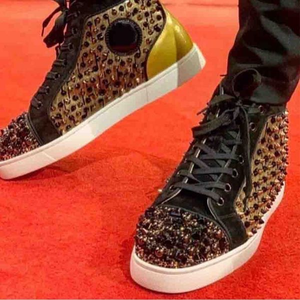 

new low-luxey man originals red soles pik spikes & strass high casual shoes men red bottom sneakers outdoor skateboard walking wedding, Black