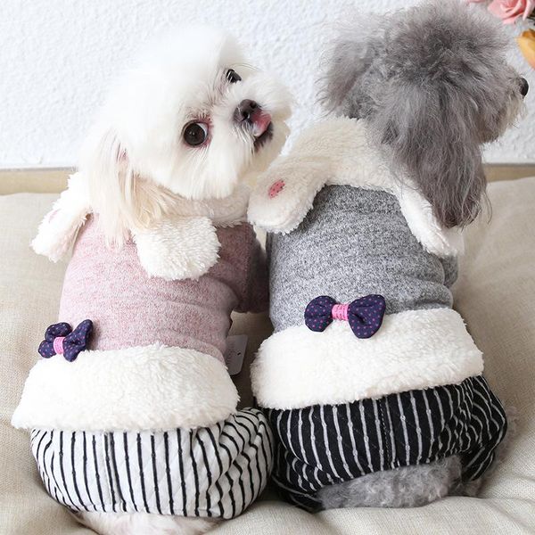 

dog apparel striped bow jumpsuits bathrobe pet clothes winter warm pajamas thick coats clothing for dogs cat yorkie teddy