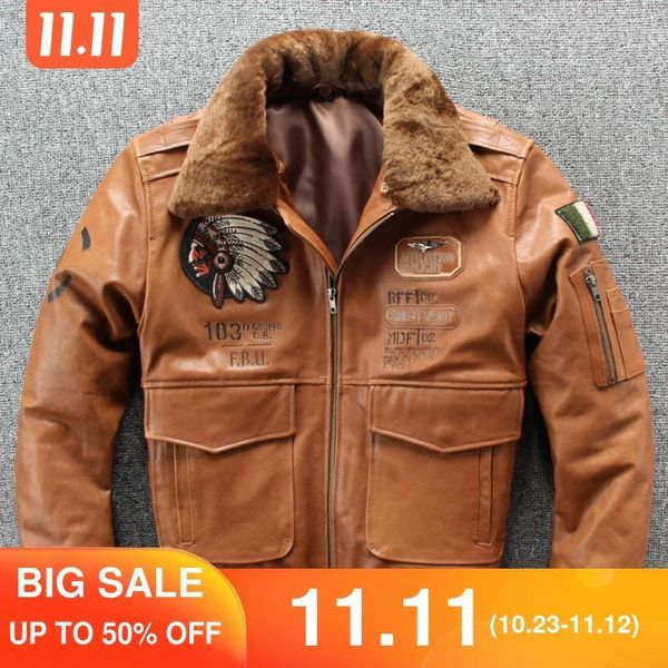 

2020 brown men pilot leather jacket plus size xxxxl wool collar genuine sheepskin autumn leather coat, Black