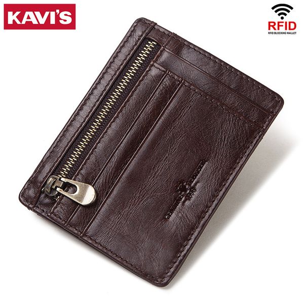 

kavis genuine leather credit card holder travel men small case wallet thin business zipper slim coin strap purse male lj200907, Brown;gray