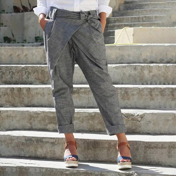 

2020 fashion pencil pants womens trousers casual elastic waist casual pantalon belted plus size solid lace up turnip 5xl, Black;white