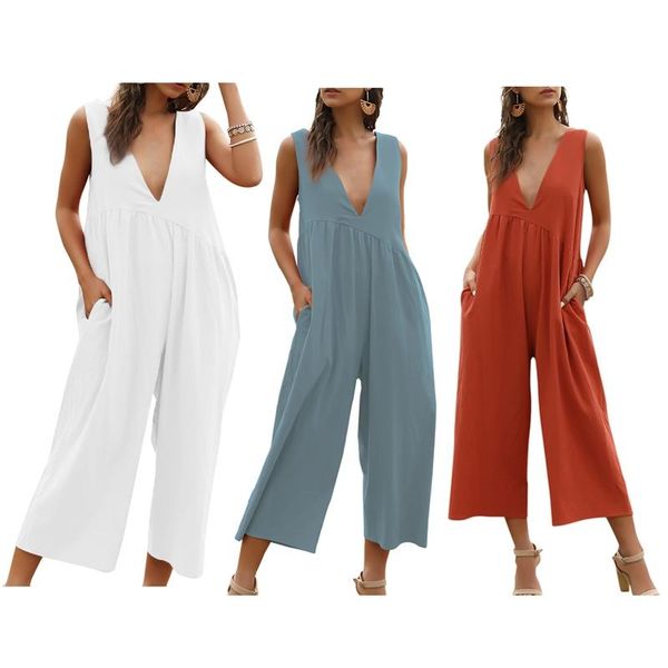 

summer wide leg solid color sleeveless v-neck halter female casual loose pocket jumpsuit, Black;white