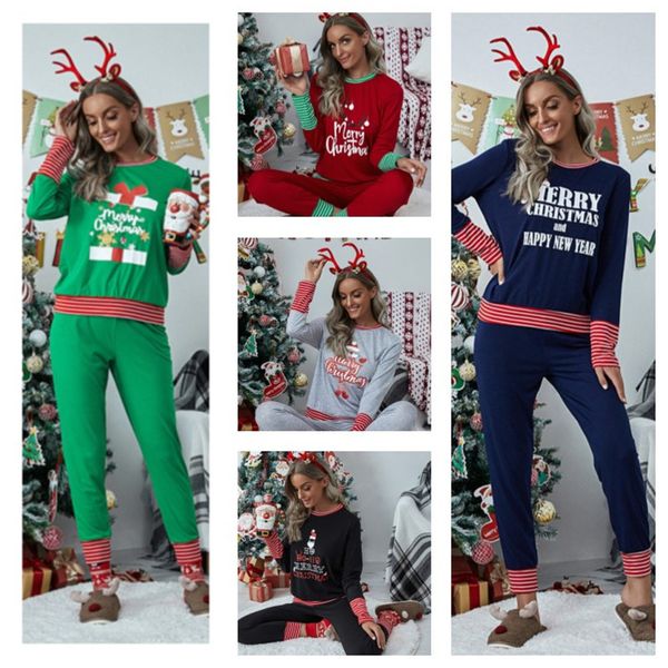 

christmas womens pajamas letters printed xmas outfits sleepwear sets patchwork striped pullovers + pants party pajamas nightwear salee111104, White