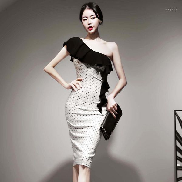 

han edition summer wear new stitching color dress retro wave point of dew shoulder bump skirt in the hip1, Black;gray