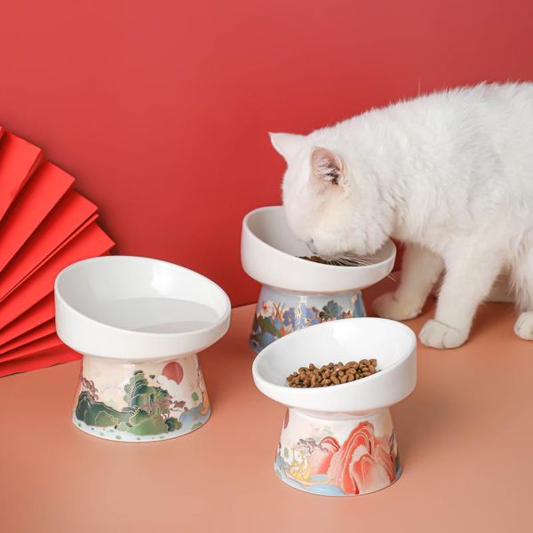 

ceramic cat bowl feeder with mat raised stand bone china cervical protect water ceramic bowl for cat small dog pet supplies