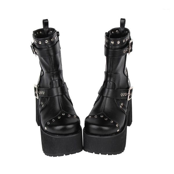 

boots women thick platform studded buckle strap punk rock ankle boots1, Black