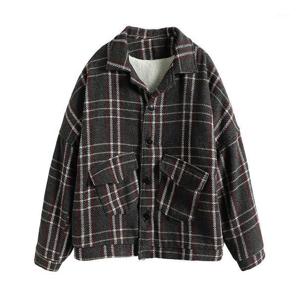 

coats for men women winter loose casual vintage plaid wool jacket streetwear hip hop plus size blends short overcoat parkas1, Black