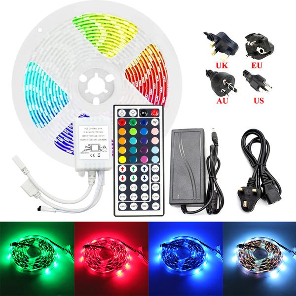 

2021 new 12v 10m 30leds/m smd 5050 rgb non-waterproof flexible led strip 44key remote controller with dual output +5a power adapter ohr0
