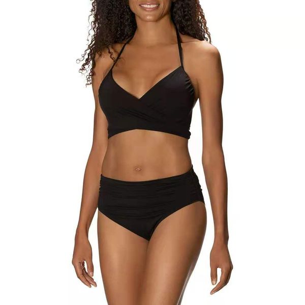 

summer new bikini 2020 halter neck swimsuit women solid slim frill split swimsuit35435