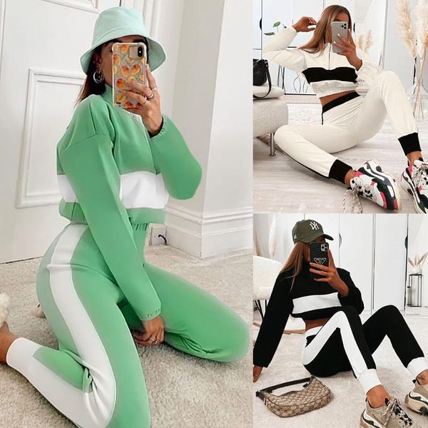 

women's tracksuits women zipper sweatshirts high waist pants long sleeve turntleneck patchwork sports trousers two piece set tracksuit, Gray