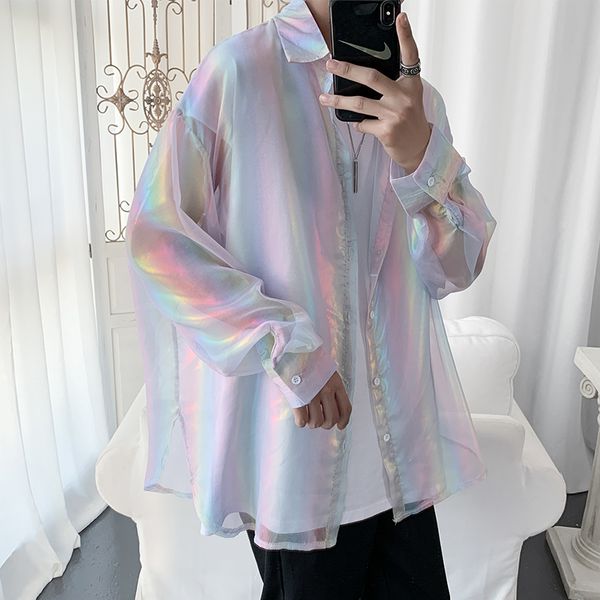 

2021 summer breathable rainbow reflective holographic colour male shirts big size street clothes sun-protection xt09, White;black