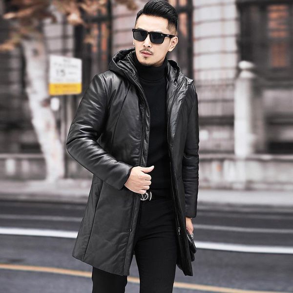 

haining leather leather men hooded down jacket young han edition cultivate morality in the long winter thick fur coat, Black