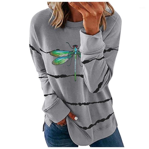 

women's hoodies & sweatshirts women dragonfly printing shirt pullover round neck long sleeve lady casual striped tee lovely girls clot, Black