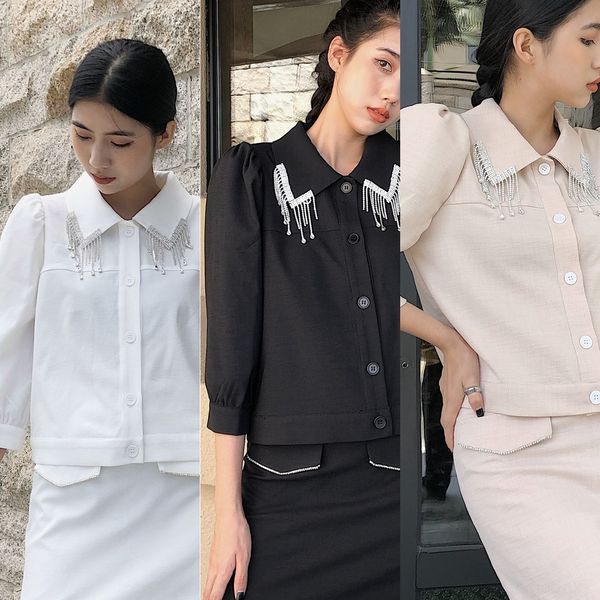 

oencv short design early autumn two diamond skirt cxixi temperament diamond piece diamondsuitshowing thin and versatile medium sleeve short, Gray