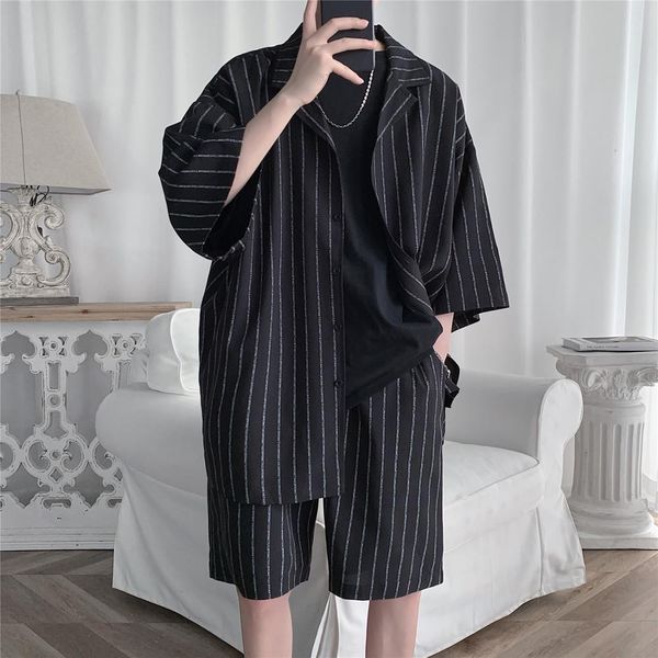 

summer men set shirts and shorts lightweight fabric letter striped half sleeve elastic knee-length baggy oversize clothing, Gray