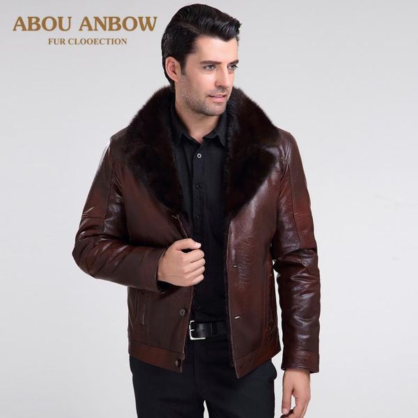 

abou brown leather jacket men new fashion winter collar coat with natural wool lining plus size male overcoat, Black
