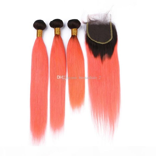 

orange human hair weaves with lace closure dark root orange virgin peruvian hair extensions silk straight ombre lace closure with bundles, Black;brown