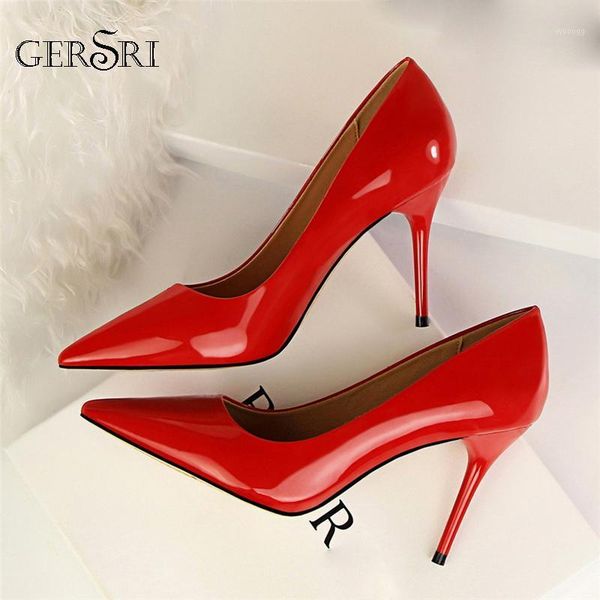 

dress shoes gersri women 9cm high heels pumps leather thin heel female scarpins office pointed toe tacons red big size1, Black