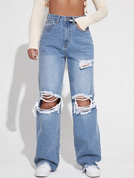 

ripped cutout wide leg jeans 07n0#, Blue