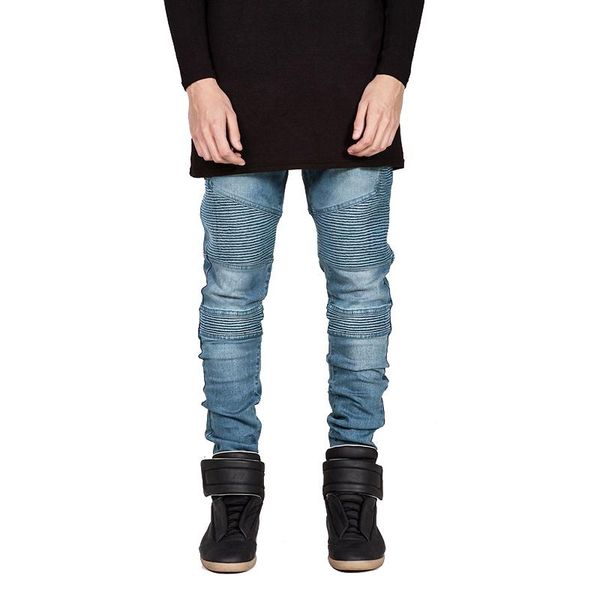 

men's jeans fashion men skinny casual biker pencil hip hop destroy stretch denim pants motorcycle roupas, Blue
