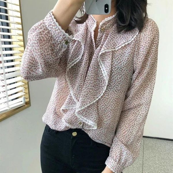 

floral print womens ruffled blouse new spring summer lace patchwork lady sweet shirt and, White