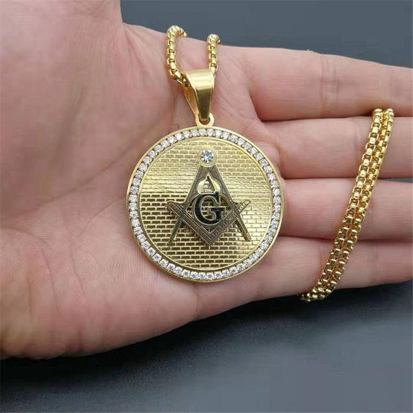 

pendant necklaces stainless steel masonic symbol ason necklace men's hip hop iced out religion fashion jewelry drop, Silver