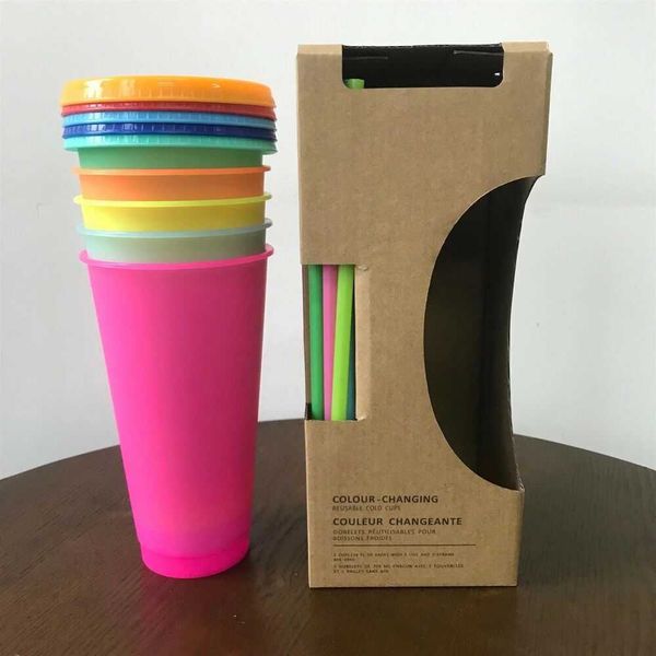 

new reusable plastic 24 oz color changing cold water cup with straw set