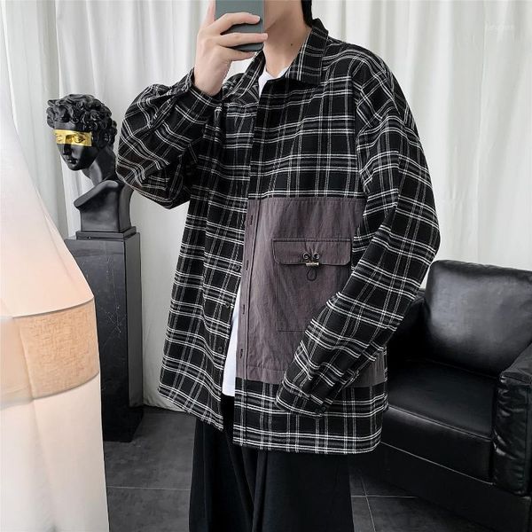 

2020 men's lattice printing long sleeve patchwork hawaiian shirt tide french cuff mens fashion shirts camisa masculina -xl1, White;black