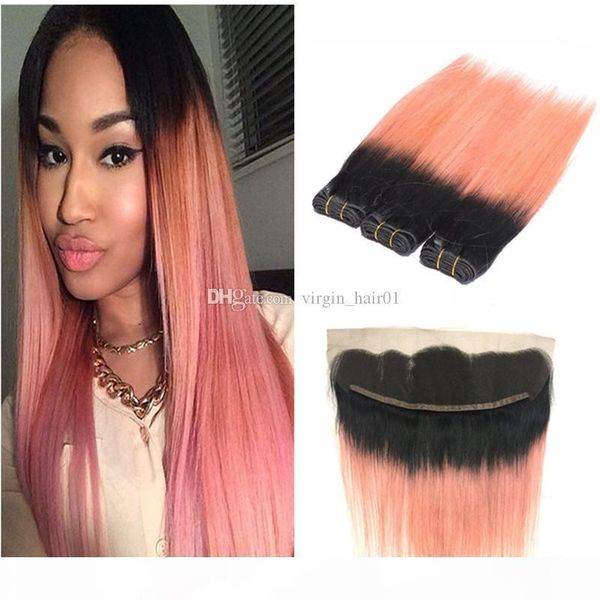 

dark root ombre rose gold two tone human hair weft bundles with full frontals pink ombre hair weaves with 13*4 lace frontal closure, Black;brown